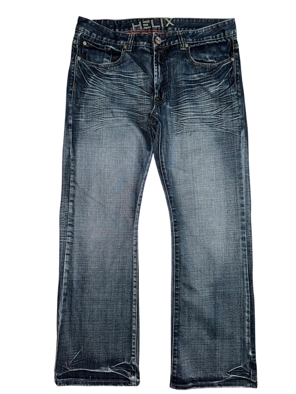 Helix Men’s 36x32 Bootcut Jeans Medium Wash Flap Pocket Whiskered Distressed